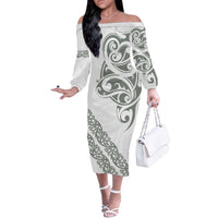 All White Maori Tribal Tattoo Personalised Off The Shoulder Long Sleeve Dress Moss Green Polynesian Style - Polynesian Pride