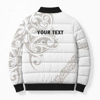 All White Maori Tribal Tattoo Personalised Bomber Puffer Jacket Stone Gray Polynesian Style - Polynesian Pride