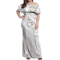 All White Maori Tribal Tattoo Personalised Off Shoulder Maxi Dress Stone Gray Polynesian Style - Polynesian Pride