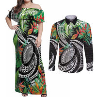 Polynesian Pacific Rugby Tribal Couples Matching Off Shoulder Maxi Dress and Long Sleeve Button Shirt Tropical Vibe LT9 Black - Polynesian Pride