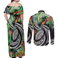 Polynesian Pacific Rugby Tribal Couples Matching Off Shoulder Maxi Dress and Long Sleeve Button Shirt Tropical Vibe LT9 - Polynesian Pride