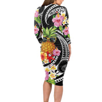 Hau'oli Makahiki Hou Long Sleeve Bodycon Dress Aloha Pineapple Tropical Vibe