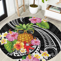 Hau'oli Makahiki Hou Round Carpet Aloha Pineapple Tropical Vibe LT9 Black - Polynesian Pride
