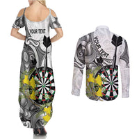 Personalised New Zealand Darts Couples Matching Summer Maxi Dress and Long Sleeve Button Shirt Kowhai Floral with Maori Tattoo