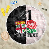 Custom Fiji England Rugby Beach Blanket Tapa Pattern and Rose Flower World Cup 2023 LT9 One Size 150cm White - Wonder Print Shop