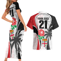 Custom Fiji England Rugby Couples Matching Short Sleeve Bodycon Dress and Hawaiian Shirt Tapa Pattern and Rose Flower World Cup 2023 LT9 - Polynesian Pride