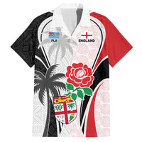 Custom Fiji England Rugby Family Matching Off Shoulder Maxi Dress and Hawaiian Shirt Tapa Pattern and Rose Flower World Cup 2023 LT9 Dad's Shirt - Short Sleeve White - Polynesian Pride
