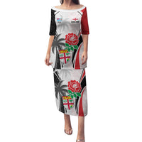 Custom Fiji England Rugby Family Matching Puletasi Dress and Hawaiian Shirt Tapa Pattern and Rose Flower World Cup 2023 LT9 Mom's Dress White - Polynesian Pride