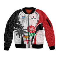 Custom Fiji England Rugby Sleeve Zip Bomber Jacket Tapa Pattern and Rose Flower World Cup 2023 LT9 Unisex White - Polynesian Pride