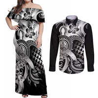 Aloha Black Tribal Honu Tattoo Couples Matching Off Shoulder Maxi Dress and Long Sleeve Button Shirt LT9 Black - Polynesian Pride
