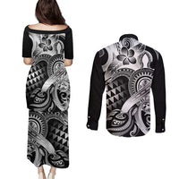 Aloha Black Tribal Honu Tattoo Couples Matching Puletasi and Long Sleeve Button Shirt