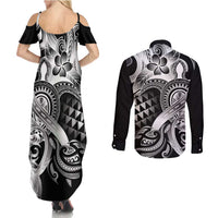 Aloha Black Tribal Honu Tattoo Couples Matching Summer Maxi Dress and Long Sleeve Button Shirt LT9 - Polynesian Pride