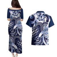 Aloha Blue Tribal Honu Tattoo Couples Matching Puletasi and Hawaiian Shirt