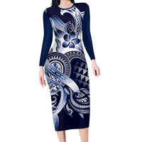 Aloha Blue Tribal Honu Tattoo Family Matching Long Sleeve Bodycon Dress and Hawaiian Shirt