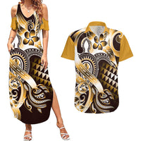 Aloha Gold Tribal Honu Tattoo Couples Matching Summer Maxi Dress and Hawaiian Shirt
