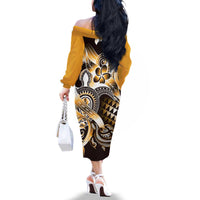 Aloha Gold Tribal Honu Tattoo Family Matching Off The Shoulder Long Sleeve Dress and Hawaiian Shirt