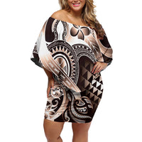 Aloha Mocha Mousse Tribal Honu Tattoo Family Matching Off Shoulder Short Dress and Hawaiian Shirt