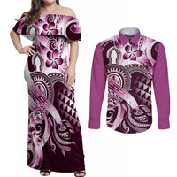 Aloha Pink Tribal Honu Tattoo Couples Matching Off Shoulder Maxi Dress and Long Sleeve Button Shirt LT9 Pink - Polynesian Pride
