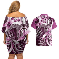 Aloha Pink Tribal Honu Tattoo Couples Matching Off Shoulder Short Dress and Hawaiian Shirt