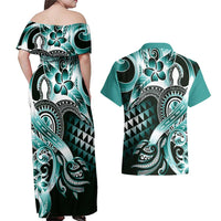 Aloha Turquoise Tribal Honu Tattoo Couples Matching Off Shoulder Maxi Dress and Hawaiian Shirt