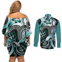 Aloha Turquoise Tribal Honu Tattoo Couples Matching Off Shoulder Short Dress and Long Sleeve Button Shirt LT9 - Polynesian Pride