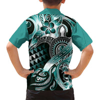 Aloha Turquoise Tribal Honu Tattoo Family Matching Long Sleeve Bodycon Dress and Hawaiian Shirt