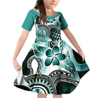 Aloha Turquoise Tribal Honu Tattoo Family Matching Off Shoulder Short Dress and Hawaiian Shirt