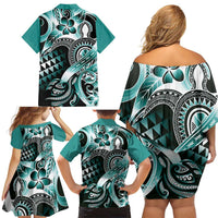 Aloha Turquoise Tribal Honu Tattoo Family Matching Off Shoulder Short Dress and Hawaiian Shirt