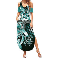 Aloha Turquoise Tribal Honu Tattoo Family Matching Summer Maxi Dress and Hawaiian Shirt