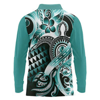 Aloha Turquoise Tribal Honu Tattoo Long Sleeve Polo Shirt LT9 - Polynesian Pride