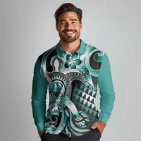 Aloha Turquoise Tribal Honu Tattoo Long Sleeve Polo Shirt LT9 - Polynesian Pride