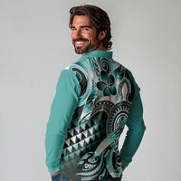 Aloha Turquoise Tribal Honu Tattoo Long Sleeve Polo Shirt LT9 - Polynesian Pride