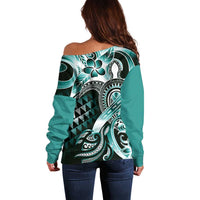 Aloha Turquoise Tribal Honu Tattoo Off Shoulder Sweater