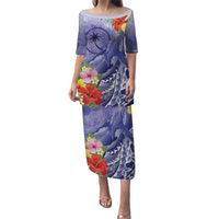 Personalised Chuuk States Humpback Whale Puletasi Polynesian Tropical Flowers LT9 Long Dress Blue - Polynesian Pride