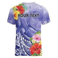 Personalised Chuuk States Humpback Whale Women V-Neck T-Shirt Polynesian Tropical Flowers
