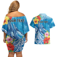 Personalised Kosrae States Humpback Whale Couples Matching Off Shoulder Short Dress and Hawaiian Shirt Polynesian Tropical Flowers