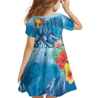 Personalised Kosrae States Humpback Whale Family Matching Off Shoulder Short Dress and Hawaiian Shirt Polynesian Tropical Flowers