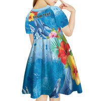 Personalised Kosrae States Humpback Whale Kid Short Sleeve Dress Polynesian Tropical Flowers
