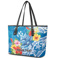 Personalised Kosrae States Humpback Whale Leather Tote Bag Polynesian Tropical Flowers