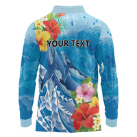 Personalised Kosrae States Humpback Whale Long Sleeve Polo Shirt Polynesian Tropical Flowers