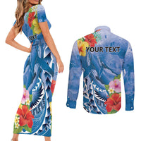 Personalised Yap States Humpback Whale Couples Matching Short Sleeve Bodycon Dress and Long Sleeve Button Shirt Polynesian Tropical Flowers