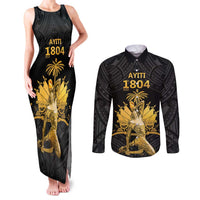 Haitian Negre Marron 1804 Couples Matching Tank Maxi Dress and Long Sleeve Button Shirt Black Polynesian Pattern