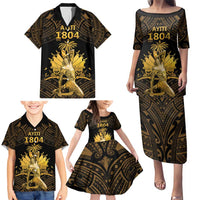 Haitian Negre Marron 1804 Family Matching Puletasi and Hawaiian Shirt Gold Polynesian Pattern