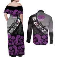 Personalised Remembering ANZAC Lest We Forget Couples Matching Off Shoulder Maxi Dress and Long Sleeve Button Shirt Vintage Film Frame Memorial Purple Poppy