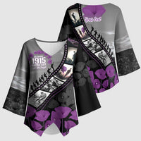 Personalised Remembering ANZAC Lest We Forget Kimono Sleeve Blouse Vintage Film Frame Memorial Purple Poppy