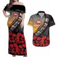 Personalised Remembering ANZAC Lest We Forget Couples Matching Off Shoulder Maxi Dress and Hawaiian Shirt Vintage Film Frame Memorial Red Poppy