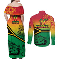 Hapi 44th Indipendens Dei Vanuatu Couples Matching Off Shoulder Maxi Dress and Long Sleeve Button Shirt Yumi 1980 with Vanuatuan Beach Landscape LT9 - Polynesian Pride