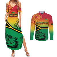 Hapi 44th Indipendens Dei Vanuatu Couples Matching Summer Maxi Dress and Long Sleeve Button Shirt Yumi 1980 with Vanuatuan Beach Landscape LT9 Reggae - Polynesian Pride