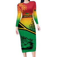 Hapi 44th Indipendens Dei Vanuatu Family Matching Long Sleeve Bodycon Dress and Hawaiian Shirt Yumi 1980 with Vanuatuan Beach Landscape
