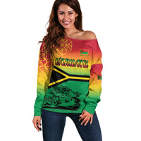Hapi 44th Indipendens Dei Vanuatu Off Shoulder Sweater Yumi 1980 with Vanuatuan Beach Landscape LT9 Women Reggae - Polynesian Pride